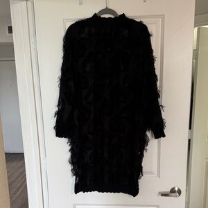 Black Long-Sleeve Fringe Texture Women's Dress